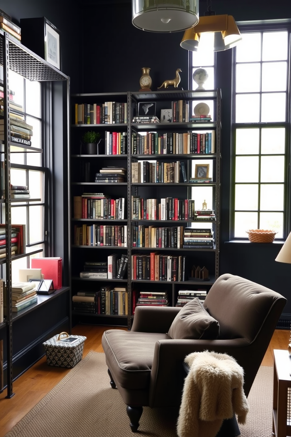 A cozy home library featuring industrial style with metal shelves that display an array of books and decorative items. The walls are painted in a deep charcoal color, and a large window allows natural light to filter in, highlighting a comfortable reading nook with a plush armchair.