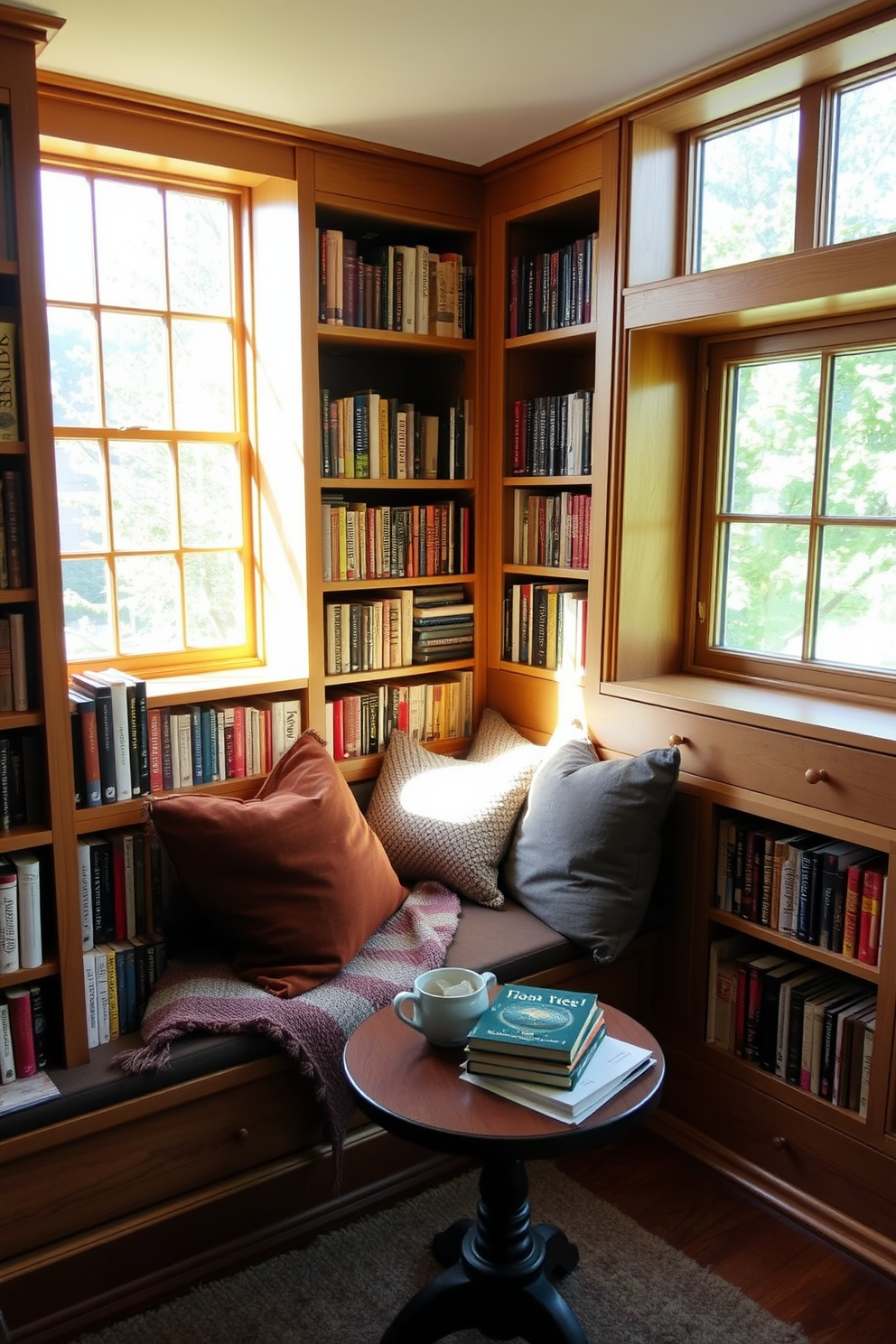 A cozy home library study features plush armchairs with soft throw blankets draped over the arms. Bookshelves line the walls, filled with a curated selection of books, while a large window allows natural light to fill the space.