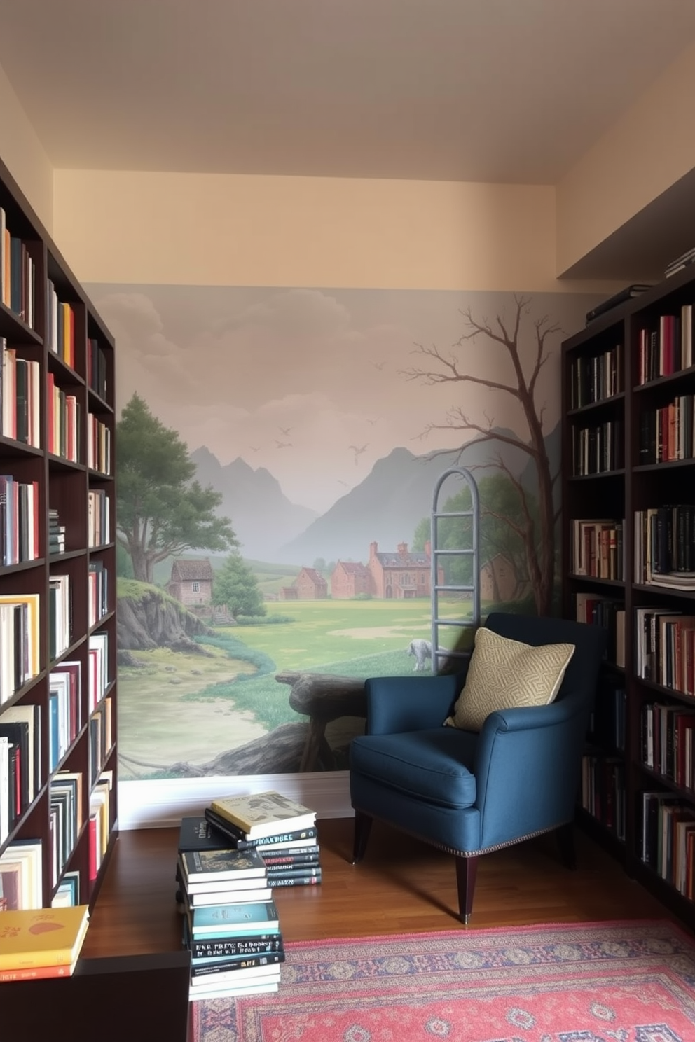 A cozy home library with an artistic mural as a backdrop. The shelves are lined with books of various sizes, and a comfortable armchair sits in the corner, inviting you to read and relax.