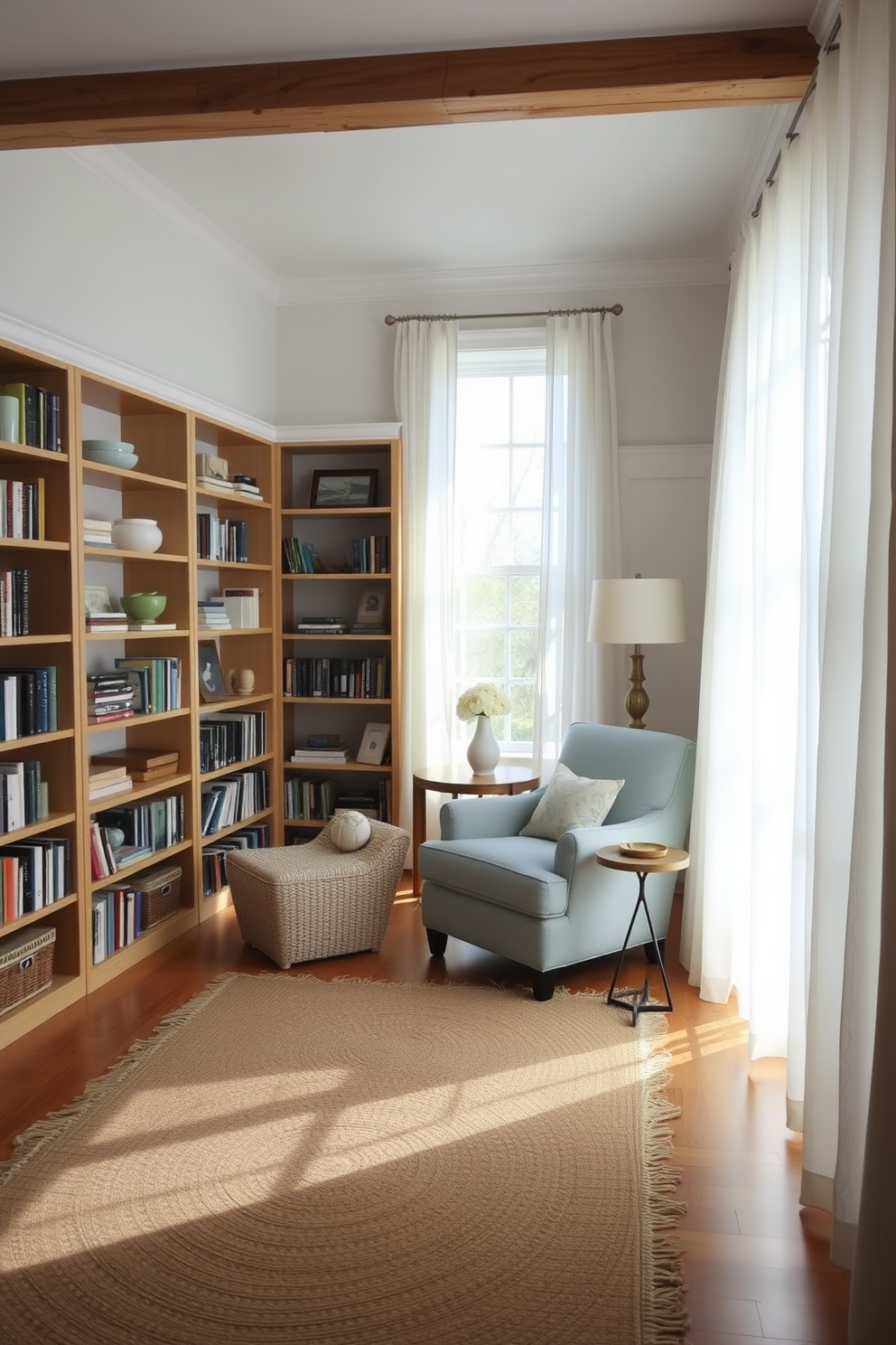 A cozy home library study featuring a blend of vintage and contemporary furniture styles. An antique wooden desk sits opposite a sleek modern bookshelf filled with books and decorative items. A plush leather armchair is paired with a minimalist glass side table, creating a perfect reading nook. The walls are adorned with rich dark wood paneling, while a large window allows natural light to illuminate the space.