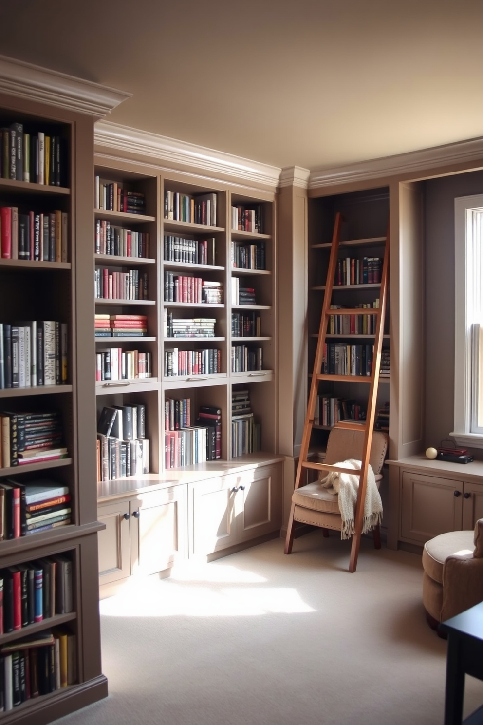 A cozy home library with built-in shelves designed for space efficiency. The shelves are filled with an array of books and decorative items, creating a warm and inviting atmosphere. A comfortable reading nook is situated by a window, featuring a plush armchair and a small side table. Soft lighting from a stylish floor lamp enhances the tranquil ambiance, making it the perfect spot for study or relaxation.