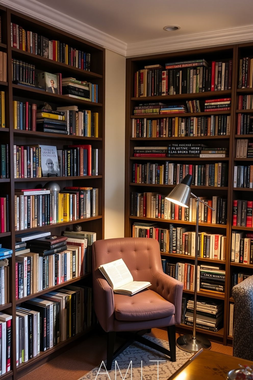 A cozy home library featuring bold wallpaper on the statement wall, showcasing a vibrant pattern that adds character to the space. Rich wooden bookshelves line the adjacent walls, filled with an array of books and decorative objects that invite exploration. A plush reading chair is positioned near a large window, allowing natural light to illuminate the room. A stylish floor lamp provides additional lighting, creating a warm and inviting atmosphere perfect for study or relaxation.