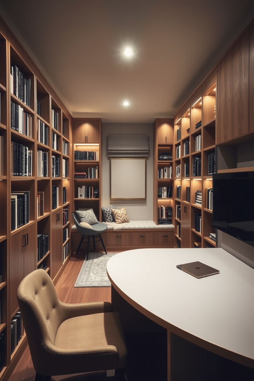 A cozy home library study with warm accent lighting to highlight the artwork on the walls. The room features a rich wooden bookcase filled with books, and a comfortable leather armchair positioned near a large window.