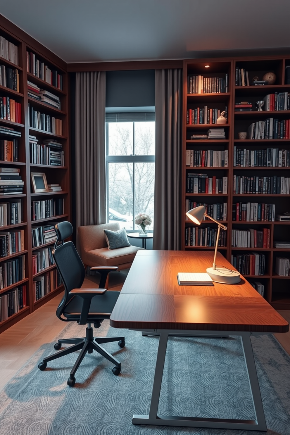 A stylish desk for work and study features a sleek wooden surface with clean lines and a minimalist design. It is paired with a comfortable ergonomic chair and is illuminated by a modern desk lamp with a warm glow. The home library study design includes floor-to-ceiling bookshelves filled with an array of books and decorative items. A cozy reading nook with a plush armchair and a small side table is positioned by a window, creating an inviting atmosphere for relaxation and focus.