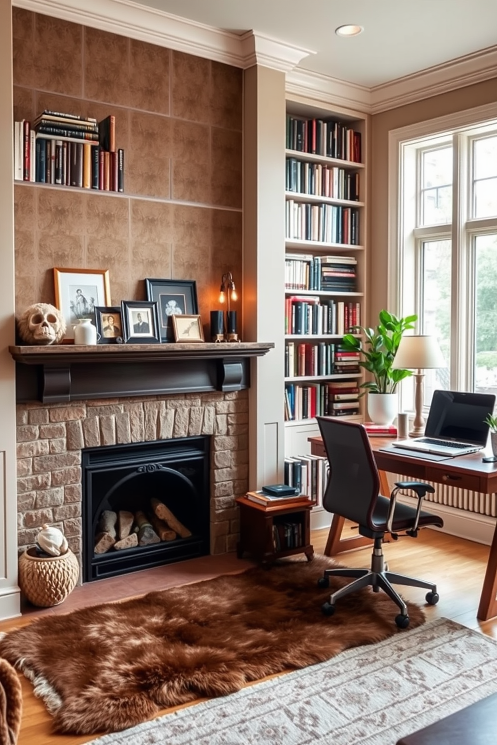 A charming fireplace creates a cozy ambiance in a warm living space. The mantel is adorned with family photos and decorative items, while a plush area rug lies in front of the fireplace. The home library features floor-to-ceiling bookshelves filled with an extensive collection of books. A comfortable reading chair is positioned near a large window, allowing natural light to flood the space. The study design incorporates a sleek wooden desk paired with an ergonomic chair. Soft lighting and personal touches like artwork and plants enhance the inviting atmosphere.