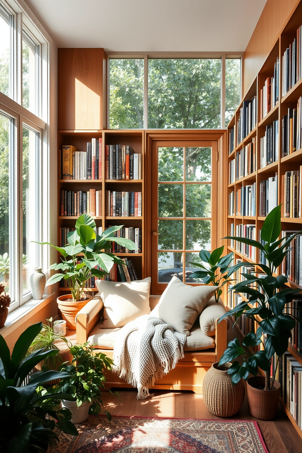 A cozy home library filled with natural light. Shelves lined with books in warm wooden tones create an inviting atmosphere, while a large window offers a view of lush greenery outside. In the center, a comfortable reading nook is adorned with plush cushions and a soft throw blanket. Potted plants are strategically placed around the room, adding a touch of nature and freshness to the decor.