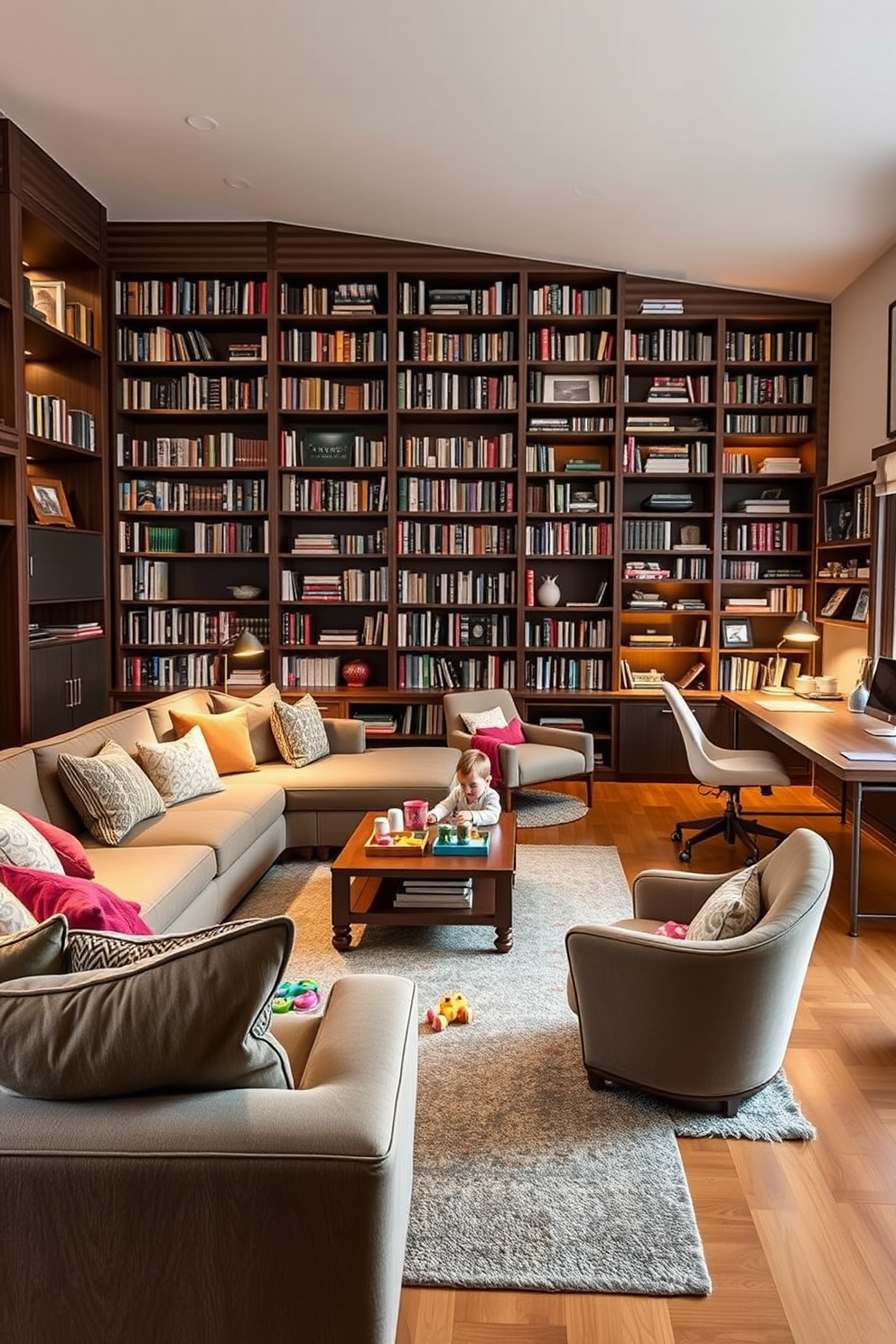 A cozy multi-functional space designed for family activities. It features a large sectional sofa with colorful throw pillows, a central coffee table, and a play area with soft rugs and toys. The home library is filled with floor-to-ceiling bookshelves made of dark wood. A comfortable reading nook is created with an oversized armchair, a side table, and warm lighting for a perfect reading atmosphere. The study area combines functionality with style. A sleek desk is paired with an ergonomic chair, and the walls are adorned with inspiring artwork and shelves for organization.