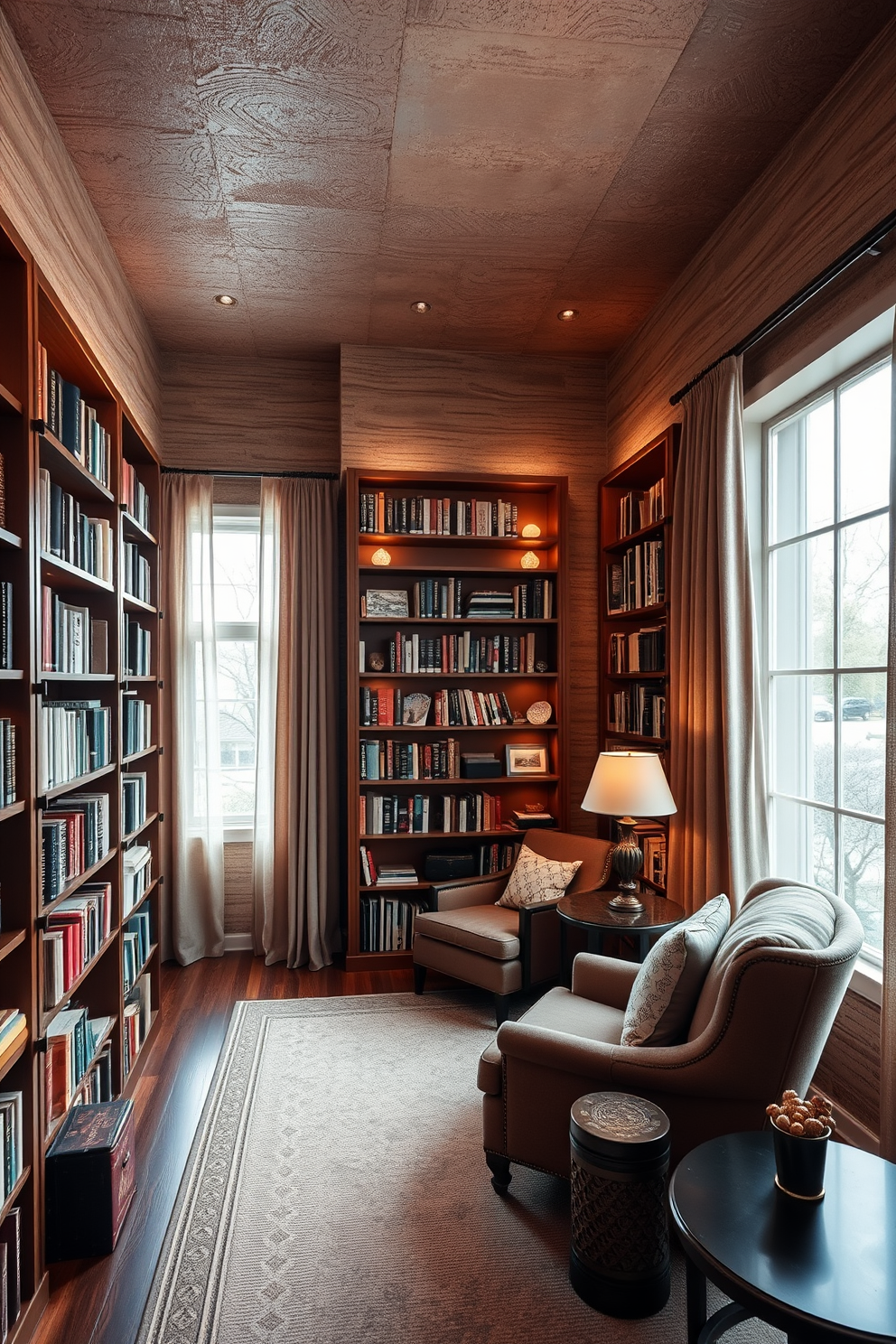 A cozy home library with textured walls that add depth and interest. The room features floor-to-ceiling bookshelves filled with books, and a comfortable reading nook with a plush armchair and a side table. Warm lighting illuminates the space, creating an inviting atmosphere. A large window allows natural light to flow in, with soft curtains framing the view outside.