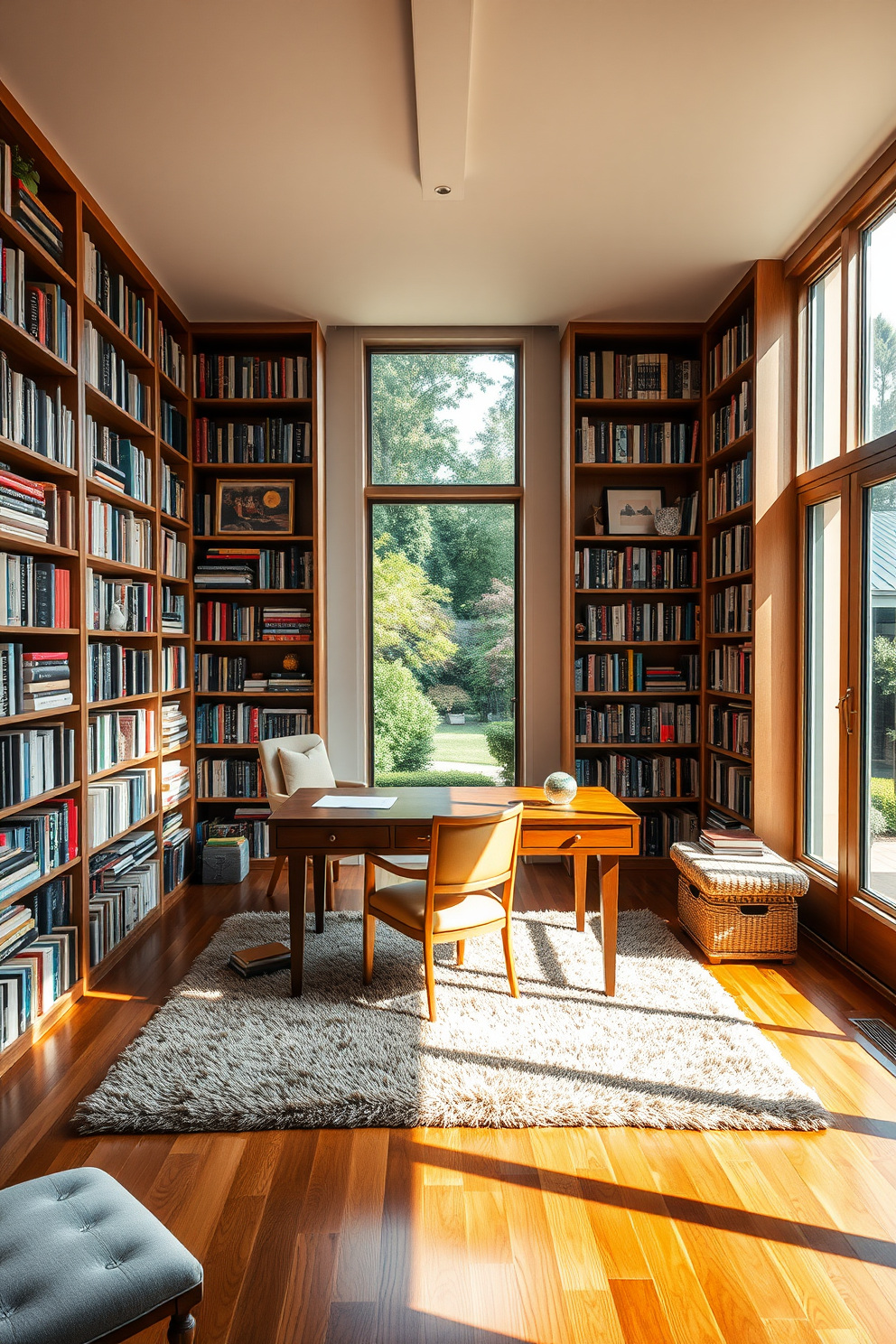 A cozy home library filled with natural light. The walls are lined with floor-to-ceiling bookshelves, showcasing a vibrant collection of books and colorful artwork that inspires creativity. A large wooden desk sits in the center, complemented by a comfortable armchair. A plush area rug adds warmth to the space, while a large window offers a view of a lush garden outside.