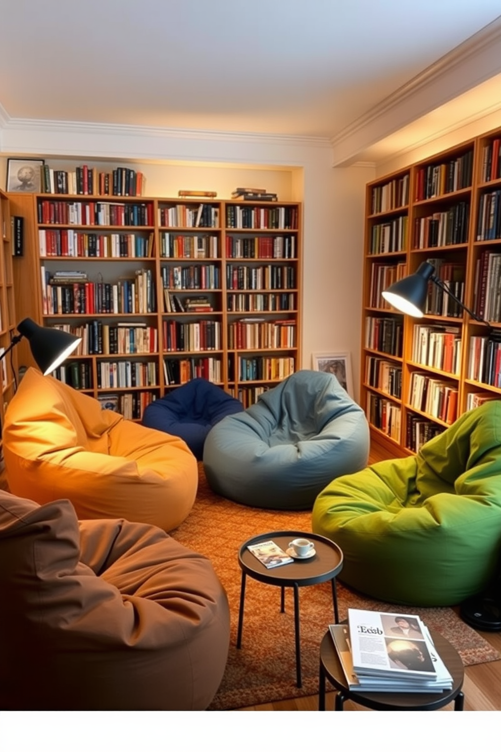 A warm and inviting home library featuring rich wooden bookshelves filled with a diverse collection of books. A plush armchair is nestled in the corner, draped with layered textiles such as soft throws and decorative pillows in warm hues. The study area includes a large wooden desk positioned by a window, allowing natural light to flood the space. A stylish desk lamp and a comfortable ergonomic chair complement the design, while a rug with intricate patterns adds warmth underfoot.