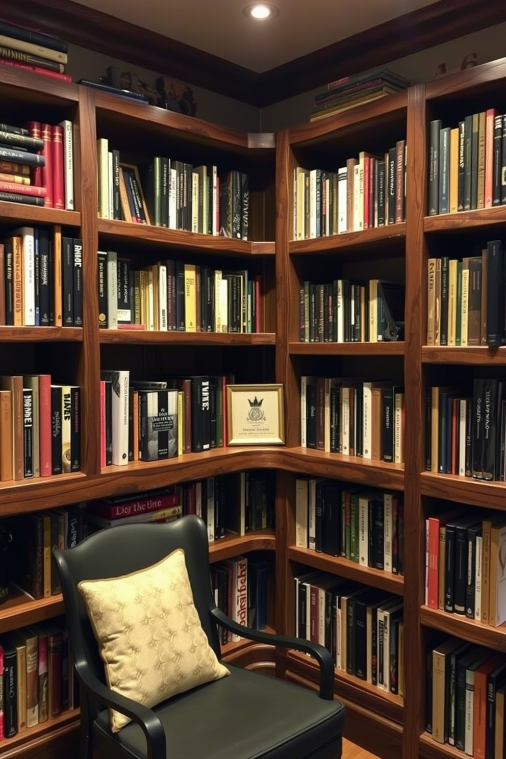 A cozy home library featuring rustic wooden shelves filled with books and decorative items. Warm lighting casts a soft glow, creating an inviting atmosphere for reading and relaxation.