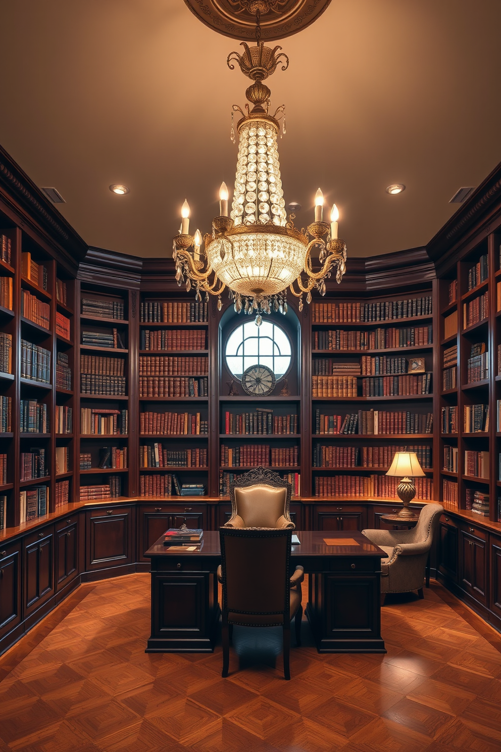 A home library study with an elegant chandelier as the statement piece. The chandelier features intricate crystal detailing that casts a warm glow over the rich mahogany bookshelves filled with classic literature. A large wooden desk sits in the center of the room, accompanied by a plush leather chair. Soft, ambient lighting from the chandelier highlights a cozy reading nook with a comfortable armchair and a small side table.