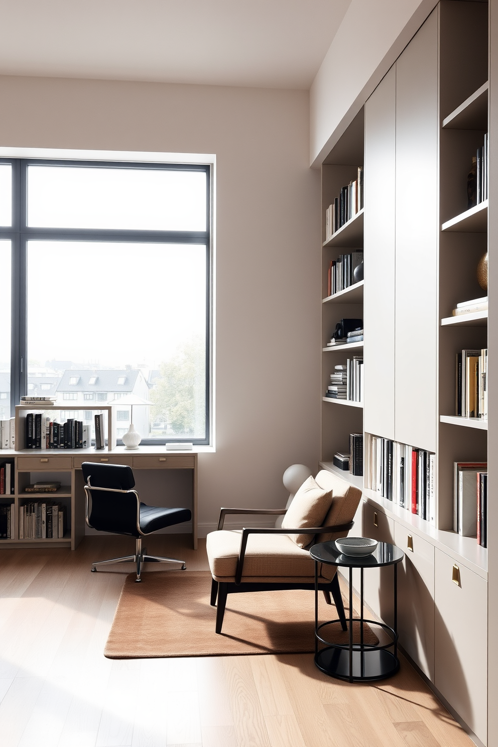 A modern minimalist home library featuring sleek lines and an open layout. The shelves are filled with neatly arranged books, while a comfortable reading chair sits in the corner next to a large window that allows natural light to flood the space. The walls are painted in a soft neutral tone, enhancing the airy feel of the room. A simple yet elegant desk is positioned against one wall, complemented by a minimalist lamp and a few decorative items for a touch of personality.