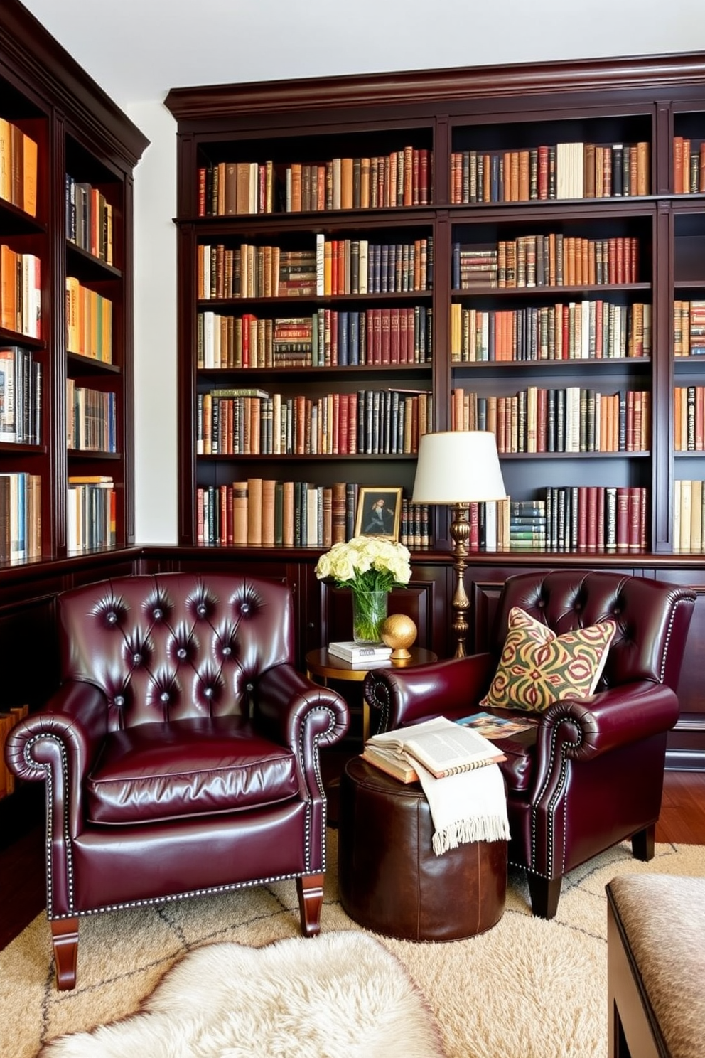 A cozy home library featuring classic leather chairs in deep burgundy and navy hues. The walls are lined with dark wood bookshelves filled with an array of books, and a plush area rug adds warmth to the space.