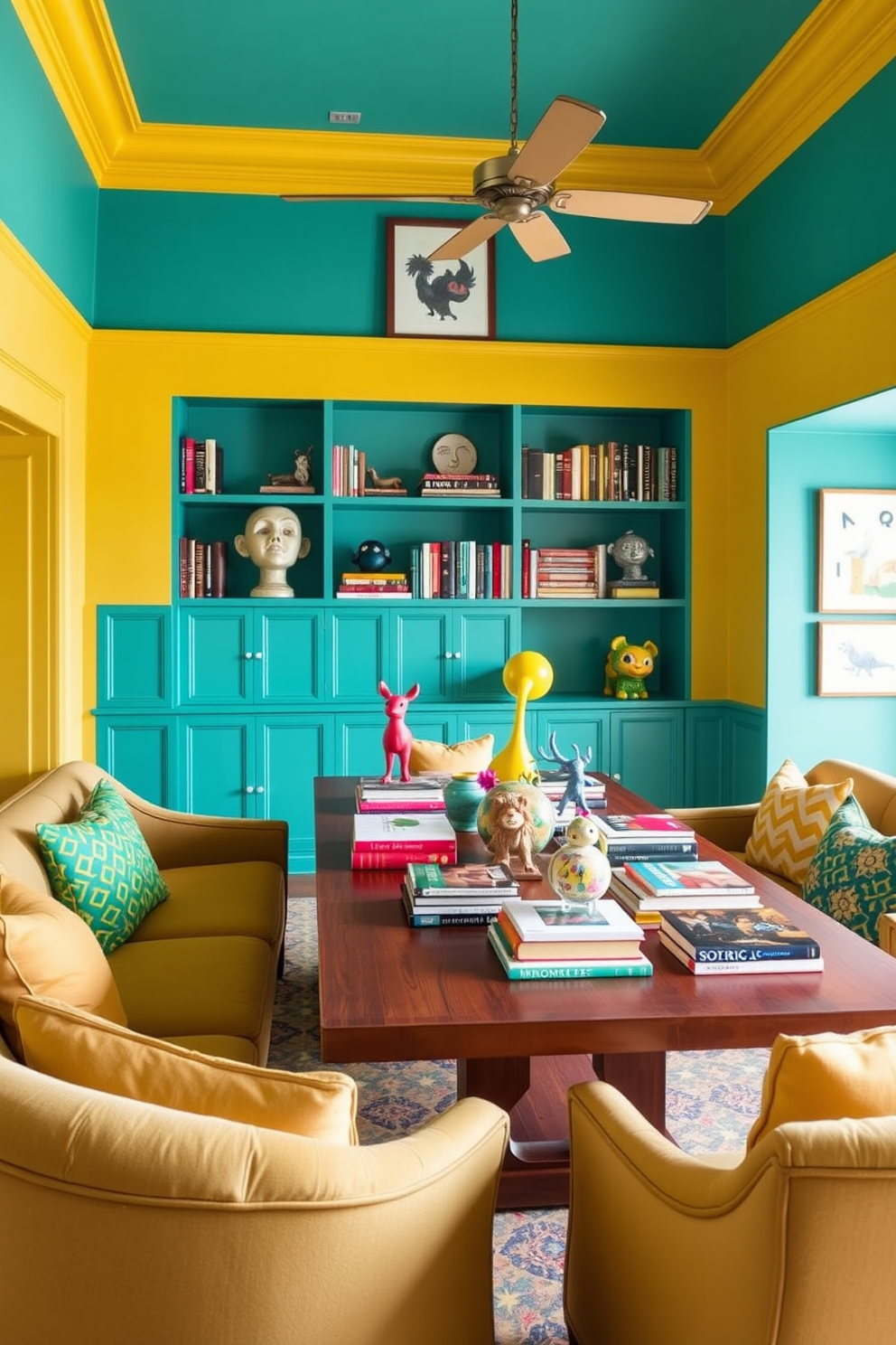 A bright and inviting home library featuring walls painted in vibrant teal and yellow accents throughout. Plush seating in bold patterns surrounds a large wooden table filled with colorful books and playful decor items like quirky sculptures and fun artwork.