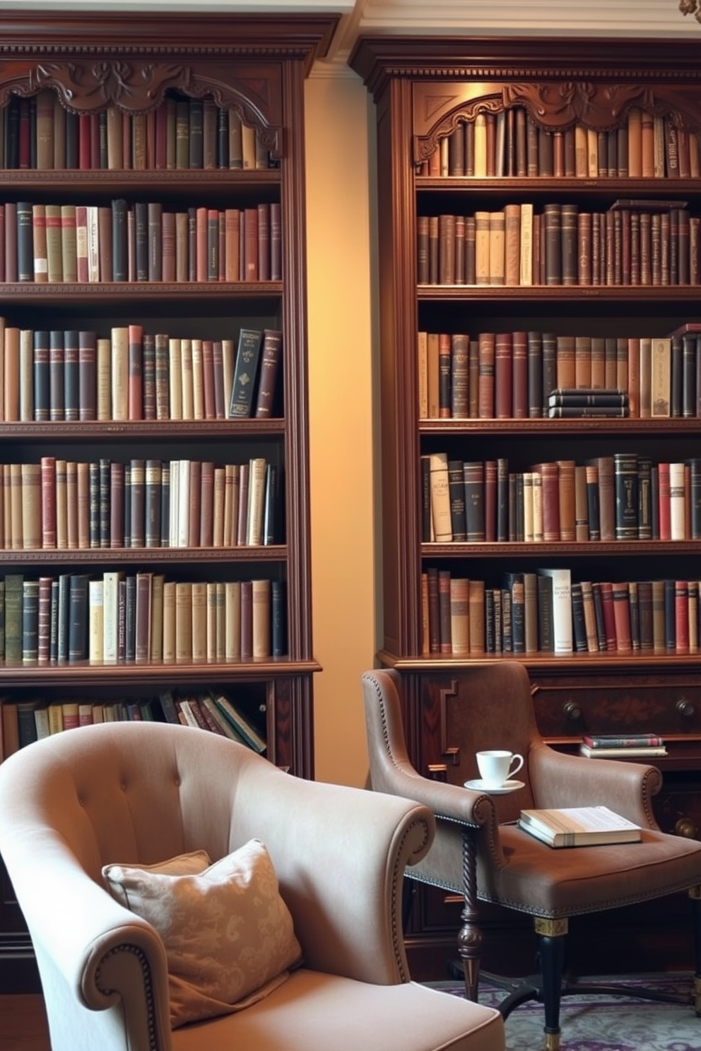 A cozy home library featuring vintage bookshelves with intricate antique finishes. The shelves are filled with a curated collection of classic literature, creating an inviting atmosphere for reading and relaxation. Soft, warm lighting illuminates the space, highlighting the rich wood tones of the bookshelves. A plush armchair is positioned nearby, accompanied by a small side table for a cup of tea or coffee.