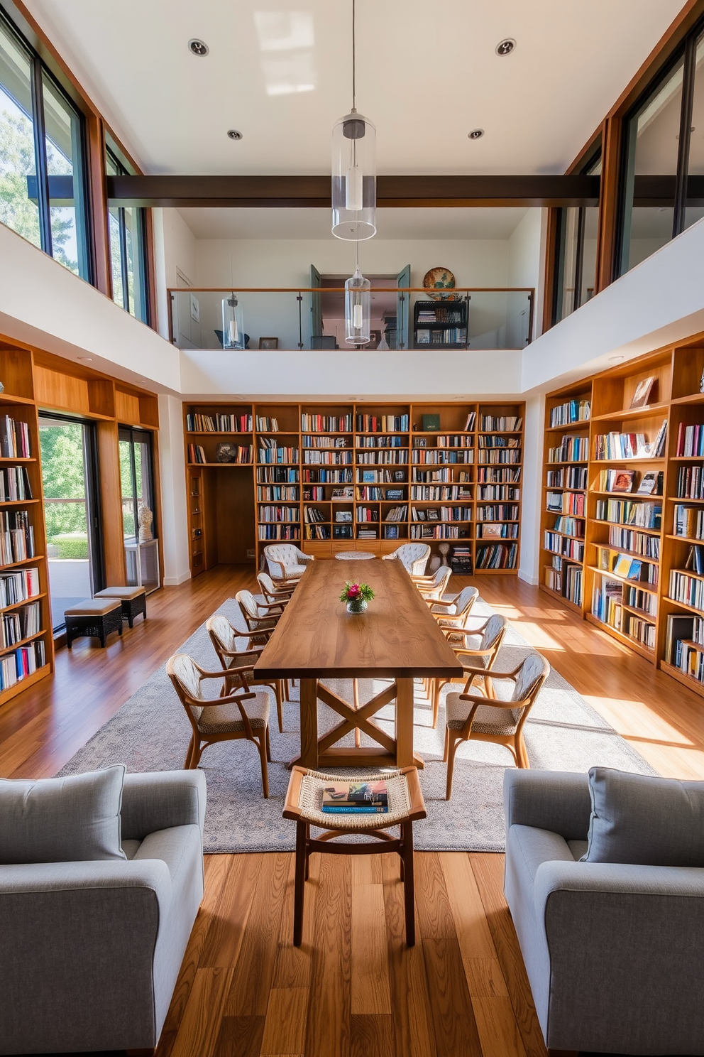 A vibrant home library filled with bright colors to energize the space. The walls are painted in a cheerful yellow with colorful bookshelves showcasing a variety of books and decorative items. A cozy reading nook is created with a plush blue armchair and a multicolored throw blanket. A large window allows natural light to flood the room, complemented by playful artwork and a lively green plant in the corner.