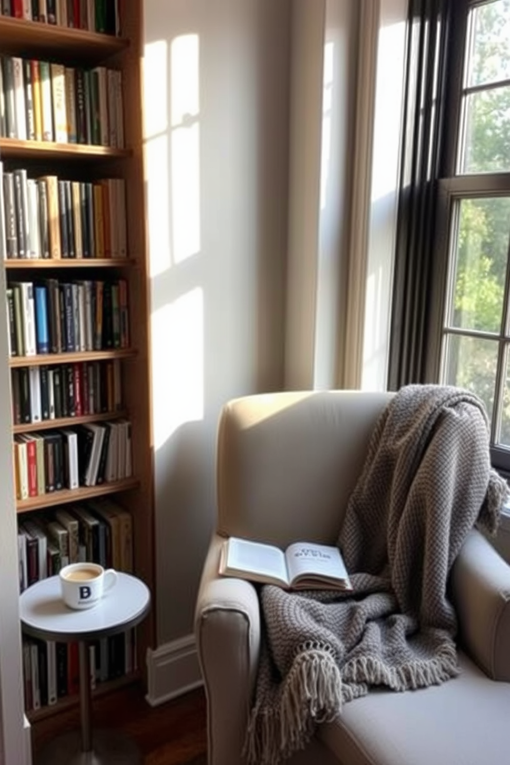 A quiet corner with a comfy armchair is designed for relaxation and reading. The armchair is upholstered in a soft fabric and positioned near a tall bookshelf filled with an array of books. Natural light filters in through a nearby window, illuminating a small side table with a steaming cup of tea. A plush throw blanket drapes over the armchair, inviting you to settle in with your favorite novel.