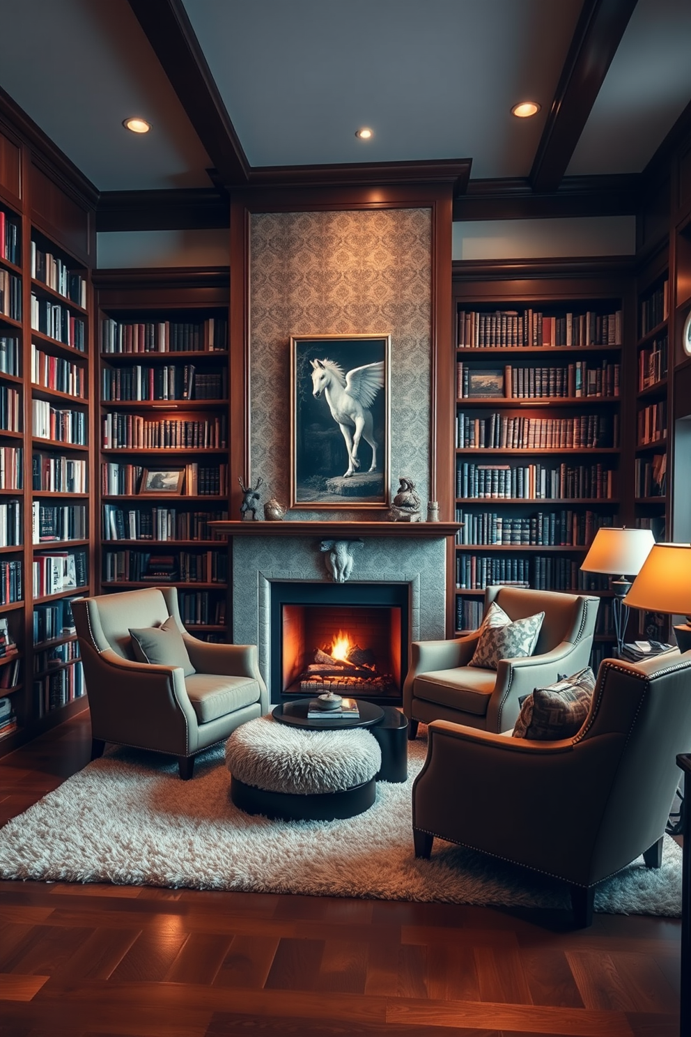 Cozy armchairs are positioned near a warm and inviting fireplace. The space is filled with rich wood tones and soft textiles, creating a comfortable atmosphere for reading and relaxation. The home library features floor-to-ceiling bookshelves filled with an extensive collection of books. A plush area rug anchors the seating area, while warm lighting casts a soft glow throughout the room.