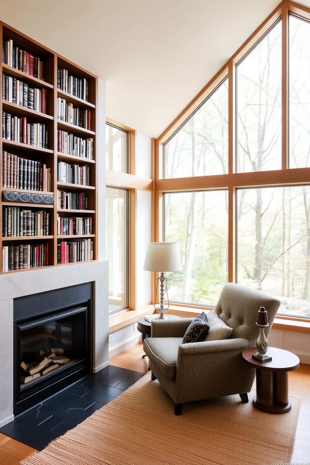 A cozy home library featuring floor-to-ceiling windows that allow natural light to flood the space. A plush armchair is positioned near a modern fireplace, creating a warm and inviting reading nook.