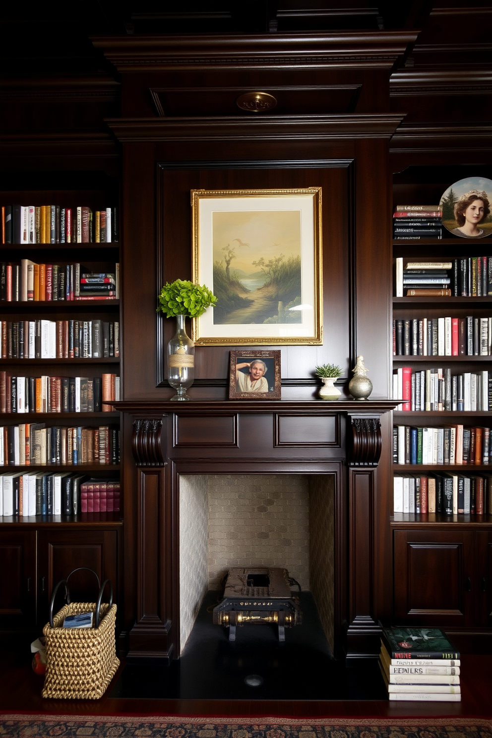 Dark wood paneling creates a dramatic and rich atmosphere in a home library. The space features a cozy fireplace with a classic mantel, surrounded by built-in bookshelves filled with an array of books and decorative items.