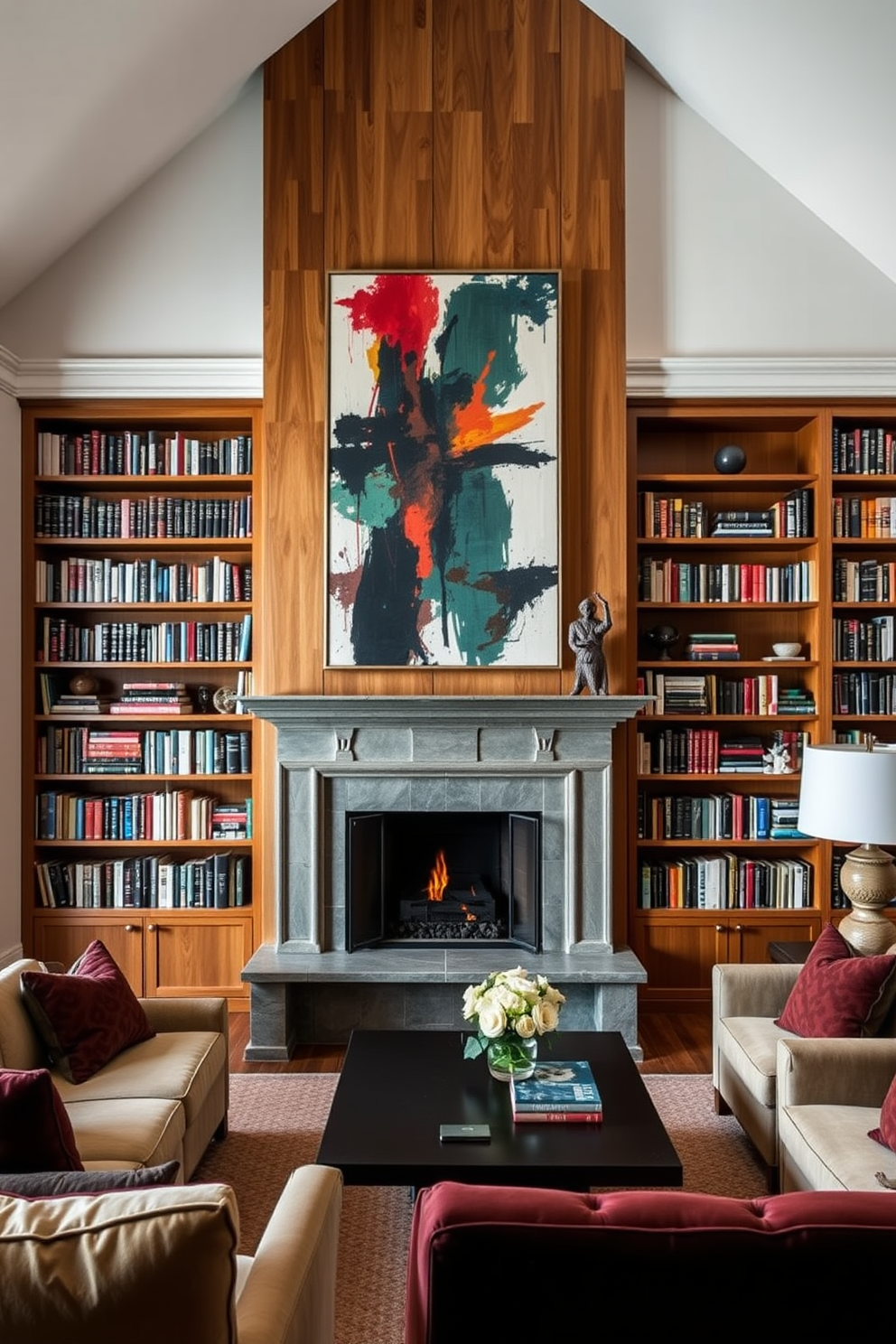 A cozy home library featuring large windows that allow natural light to flood the space. The room includes a classic fireplace with a stylish mantel, surrounded by built-in bookshelves filled with an array of books.