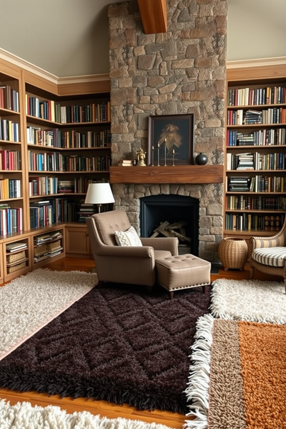 A cozy home library featuring layered rugs for added warmth. The room includes a large fireplace with a rustic mantel, surrounded by built-in bookshelves filled with an array of books. Plush, textured rugs in varying sizes are placed throughout the space, inviting comfort and style. A comfortable reading chair is positioned near the fireplace, creating an ideal nook for relaxation.