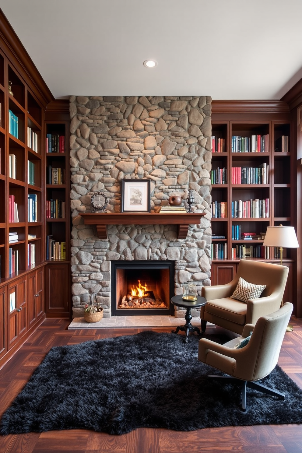 A cozy fireplace is set against a stunning stone accent wall, creating a warm focal point in the room. The mantle is adorned with decorative items, and a plush area rug lies in front of the fireplace, inviting relaxation. The home library features rich wooden bookshelves that stretch from floor to ceiling, filled with an array of books. A comfortable reading nook is positioned near the fireplace, complete with a stylish armchair and a small side table for beverages.