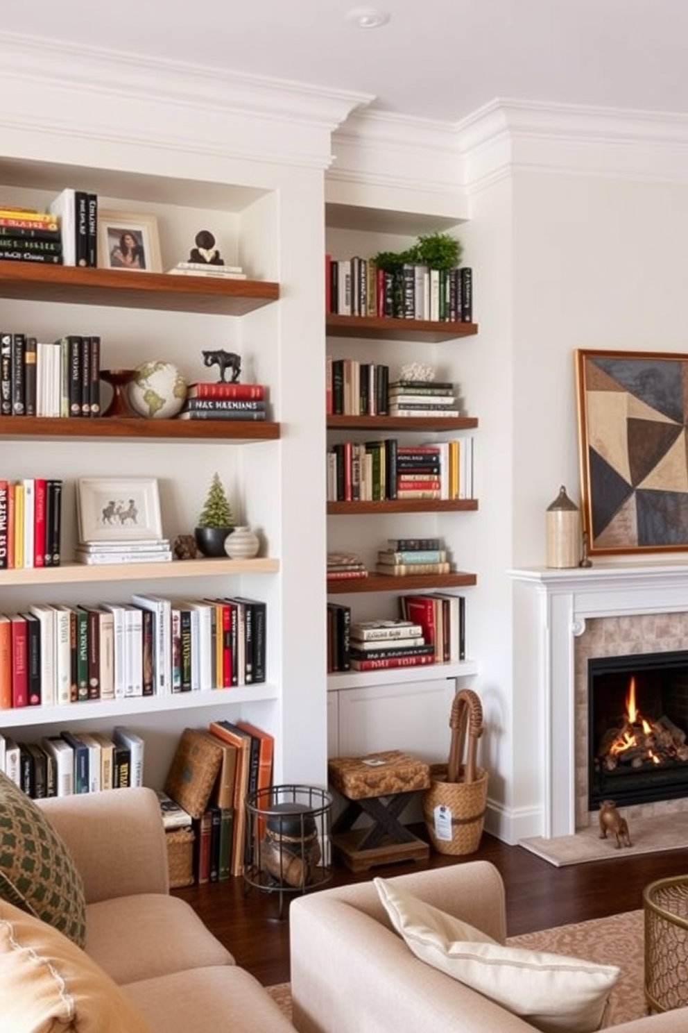 A cozy home library featuring large glass doors that open up to a beautiful patio. The room is adorned with rich wooden bookshelves filled with books, and a comfortable reading nook with a plush armchair positioned near a warm fireplace.