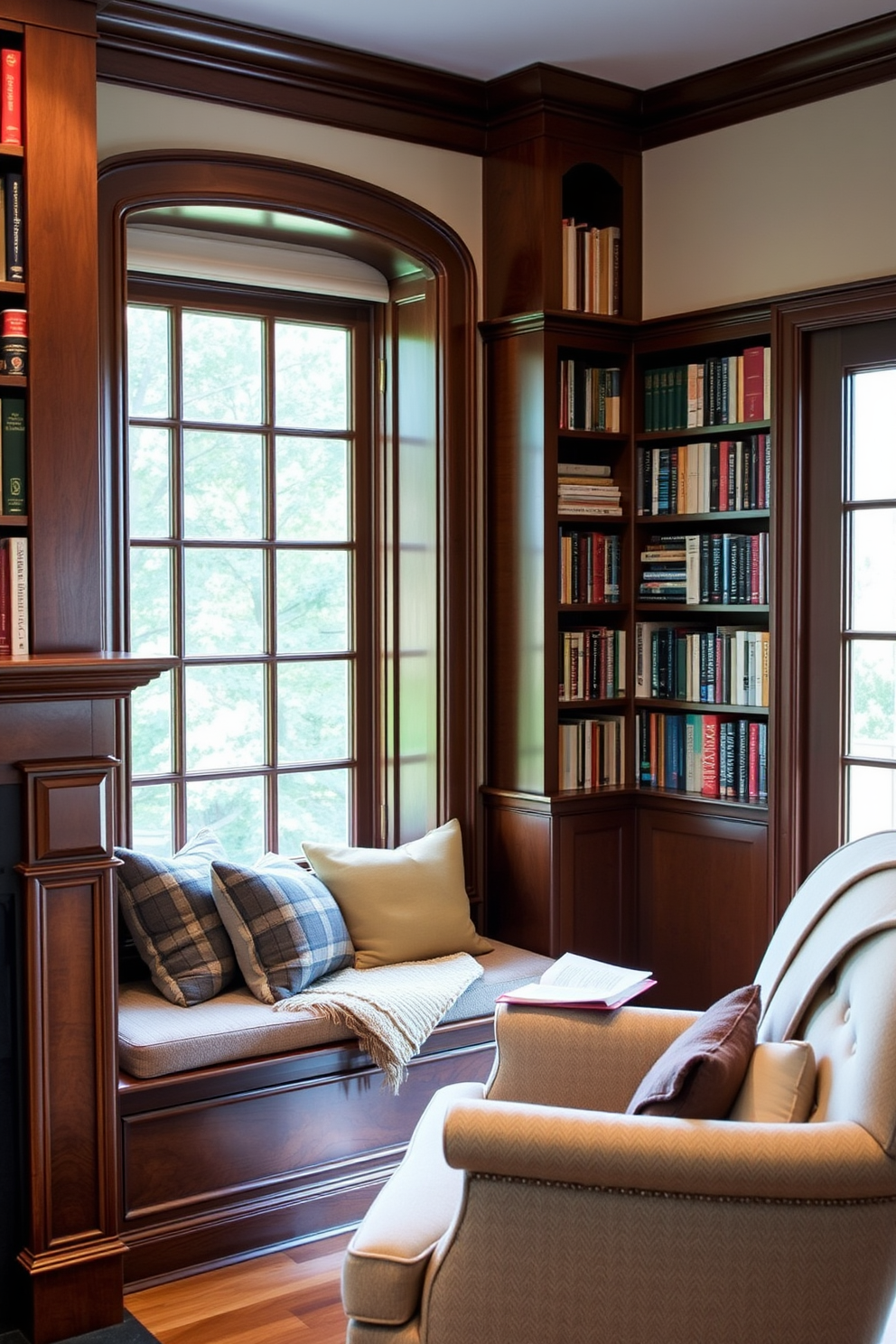 Artistic fireplace screen as a focal point. The fireplace is surrounded by elegant built-in shelves filled with books and decorative items, creating a cozy and inviting atmosphere. Home library with fireplace design ideas. Plush seating is arranged around the fireplace, complemented by warm lighting and rich wood finishes to enhance the overall comfort and sophistication of the space.