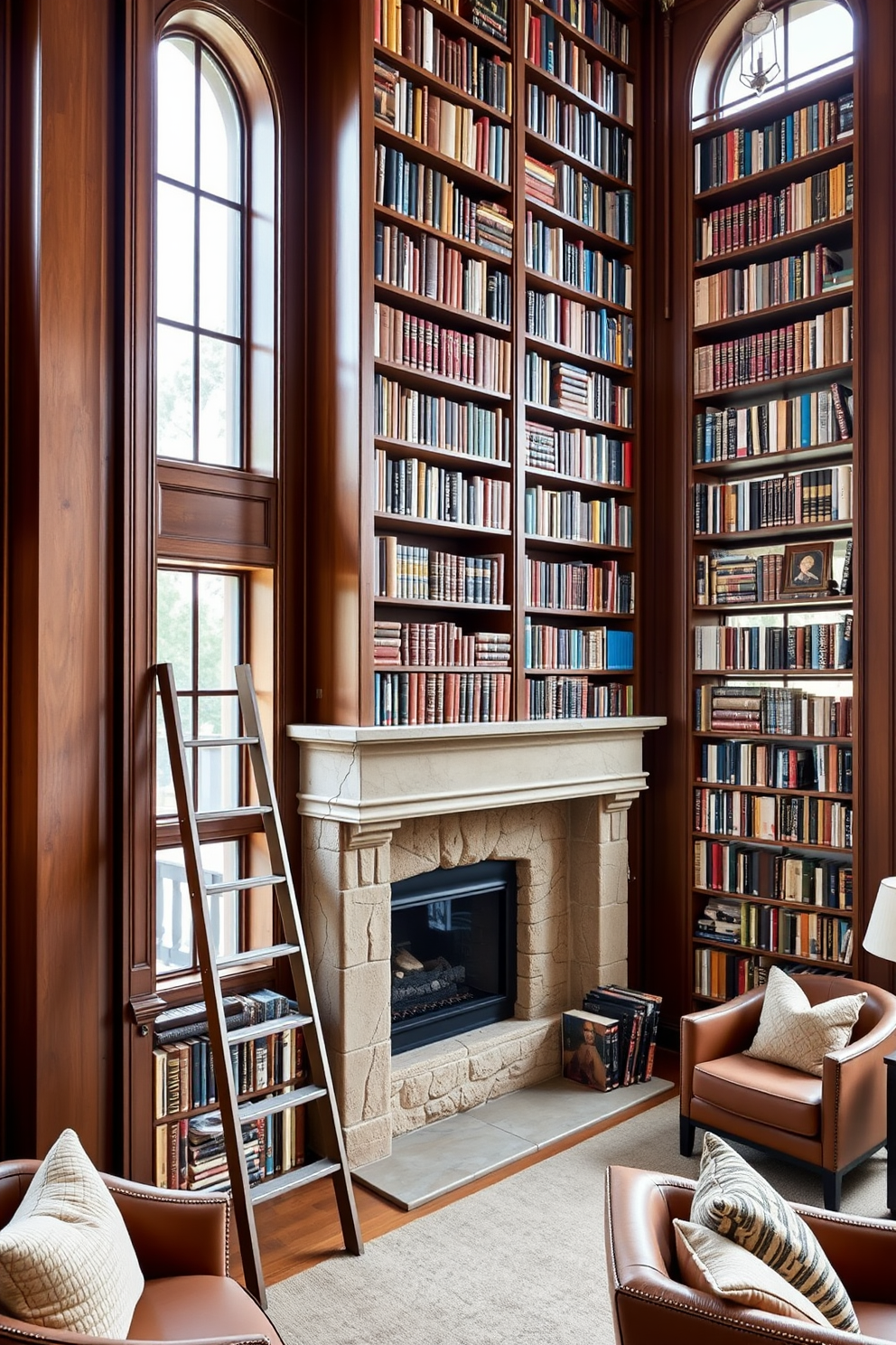 A stylish ladder rests against a tall bookshelf filled with an array of colorful books. The library features a cozy fireplace with a stone surround, creating a warm and inviting atmosphere. Rich wooden paneling lines the walls, complemented by plush seating areas with soft cushions. Large windows allow natural light to flood the space, highlighting the elegant decor and personal touches throughout.