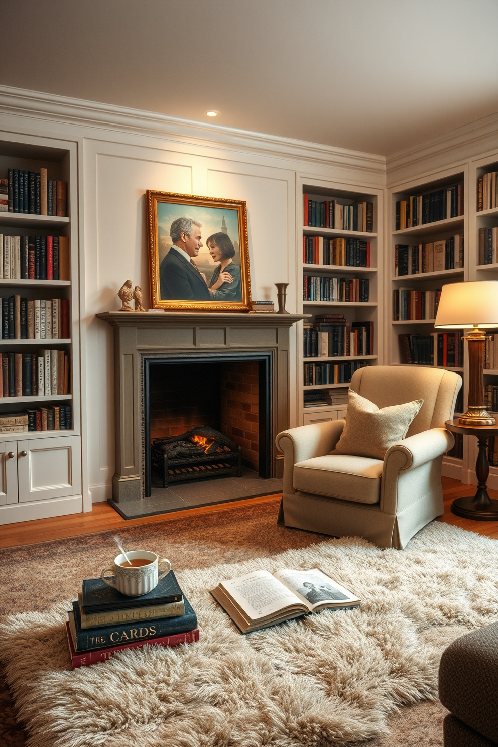 A serene home library setting with soft lighting that creates a cozy ambiance. The room features a large, comfortable armchair positioned next to a classic fireplace, surrounded by built-in bookshelves filled with an array of books. Warm, neutral tones dominate the decor, enhancing the inviting atmosphere. A plush area rug lies beneath a small side table, where a steaming cup of tea rests alongside a stack of well-loved novels.