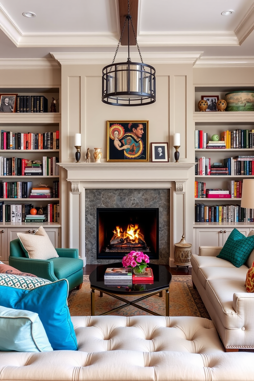 A cozy home library featuring neutral tones accented by vibrant pops of color. The room includes a plush seating area with a large, inviting fireplace at its center, surrounded by built-in bookshelves filled with books and decorative items.