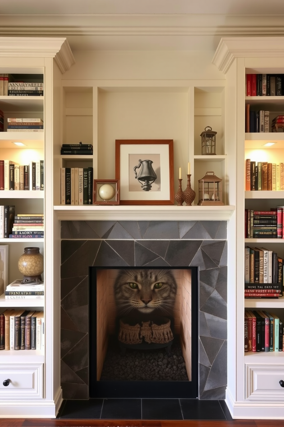 A cozy home library featuring built-in bookshelves that elegantly frame a central fireplace. The shelves are filled with an array of books and decorative items, creating a warm and inviting atmosphere.