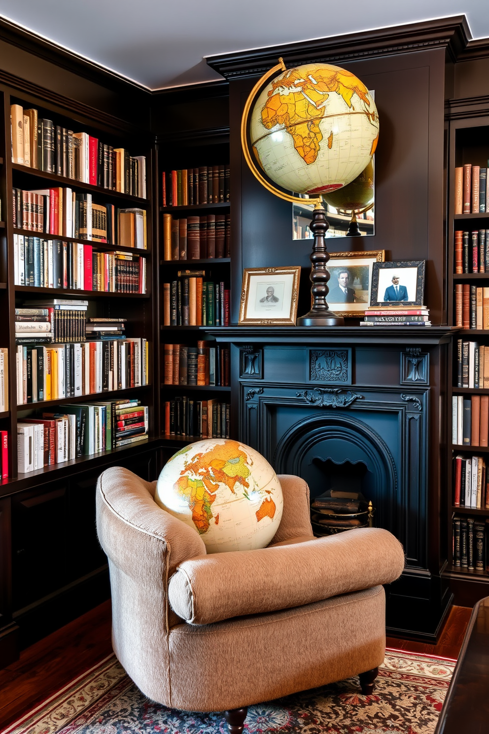 A cozy home library featuring a vintage globe as a decorative piece. The room is adorned with dark wooden bookshelves filled with books, and a plush armchair is positioned near a classic fireplace, creating a warm and inviting atmosphere.