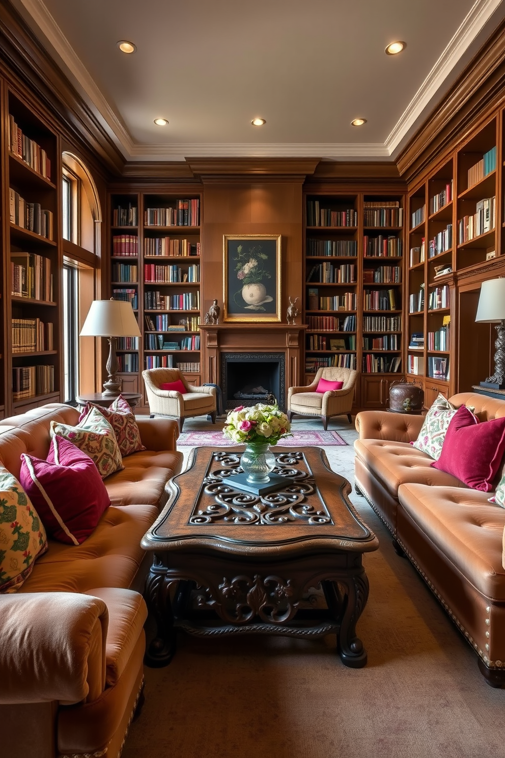 A cozy home library featuring a large stone fireplace as the focal point. Soft layered lighting illuminates the space, with sconces on the walls and a central chandelier creating a warm and inviting atmosphere. Rich wooden bookshelves line the walls, filled with an array of books and decorative items. A plush area rug anchors a seating area with comfortable armchairs and a small coffee table, inviting relaxation and reading.