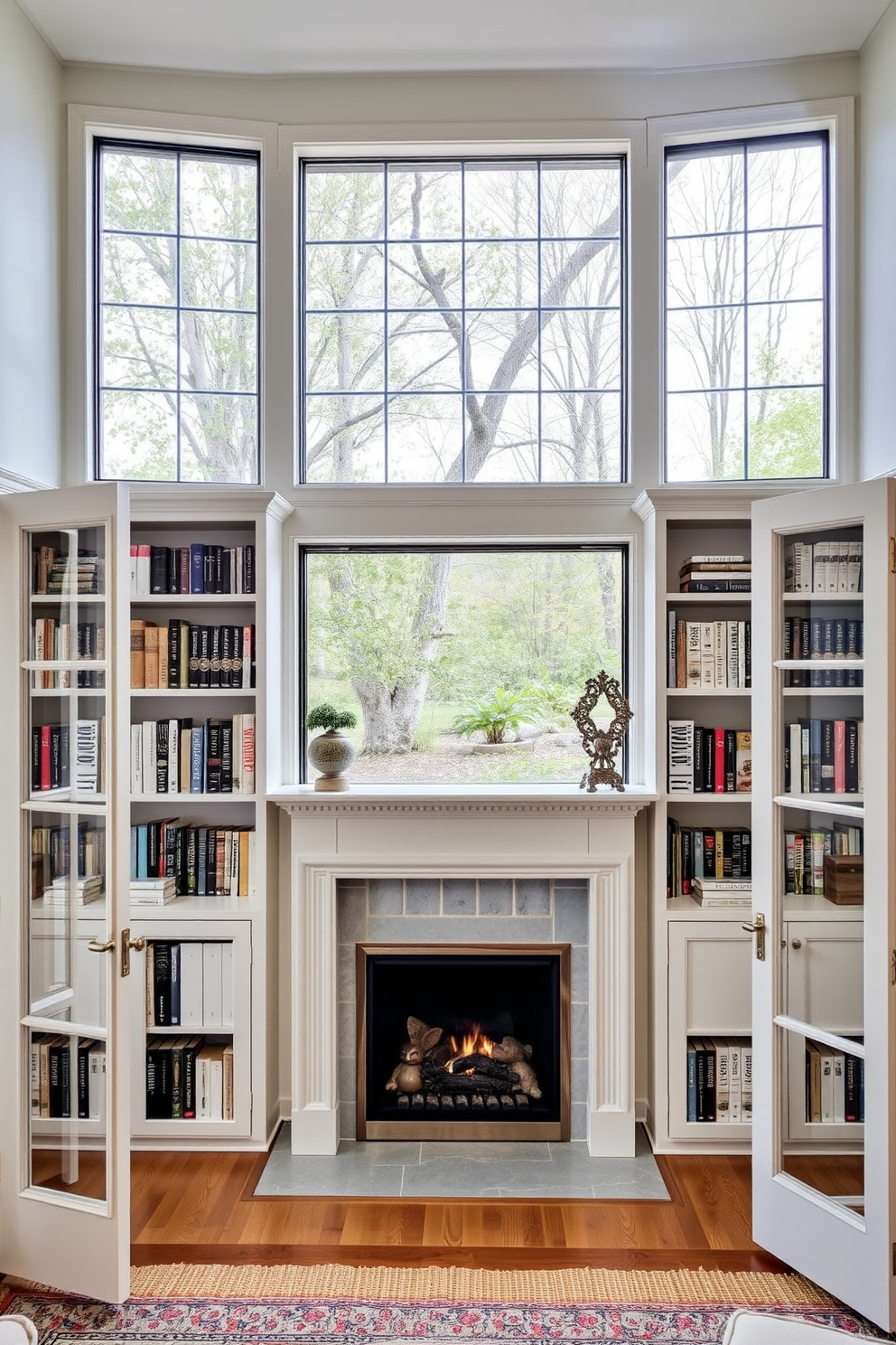 A stylish desk area near the fireplace features a sleek wooden desk with a modern lamp and a comfortable ergonomic chair. The fireplace is framed with elegant built-in shelves filled with books and decorative items, creating a warm and inviting atmosphere. The home library design includes plush seating arrangements and a cozy reading nook by the fireplace. Rich wooden bookshelves line the walls, showcasing a diverse collection of literature alongside tasteful artwork and personal mementos.