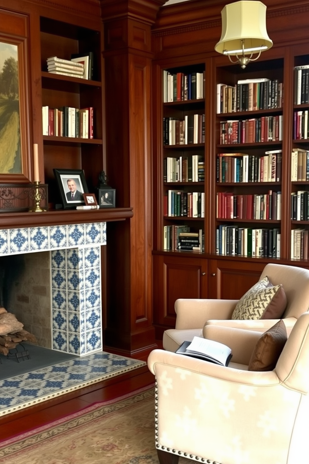 A cozy home library featuring a rustic fireplace as the focal point. The fireplace mantel is adorned with family photos in various frames, creating a personal touch to the space. Surrounding the fireplace, built-in bookshelves are filled with an eclectic mix of books and decorative items. A comfortable reading nook with a plush armchair and a small side table invites relaxation and quiet moments.