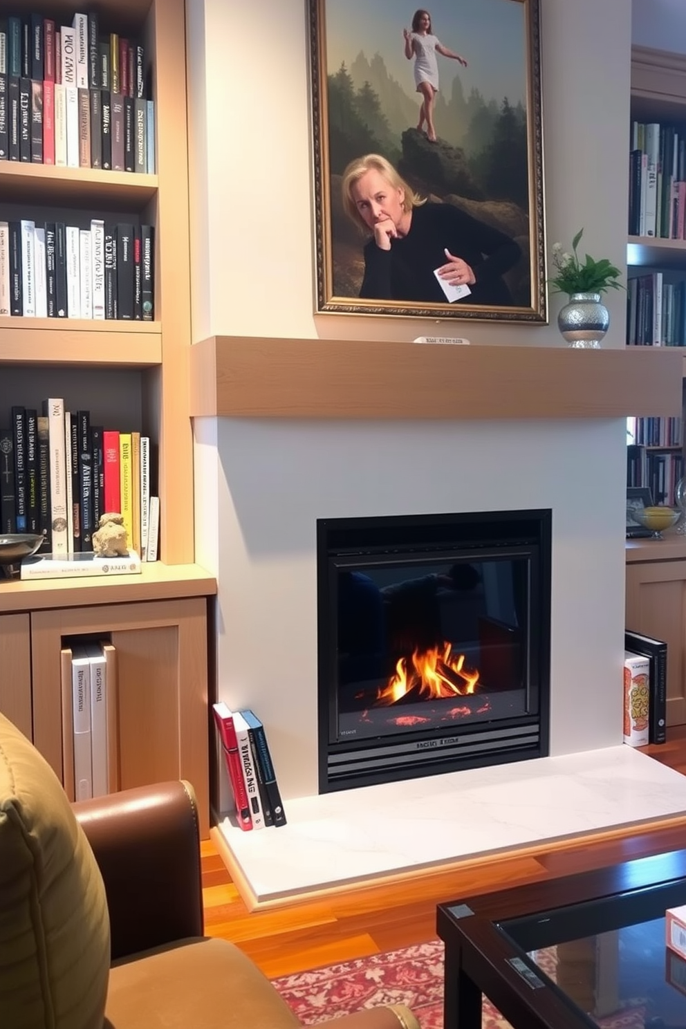 An inviting home library features an eclectic mix of furniture styles, combining a vintage leather armchair with a modern glass coffee table. A large bookshelf filled with colorful books lines one wall, while a cozy fireplace adds warmth and ambiance to the space. Rich wooden beams run across the ceiling, complementing the eclectic decor throughout the room. A patterned area rug anchors the seating area, and unique artwork adorns the walls, creating a personalized and inspiring atmosphere.