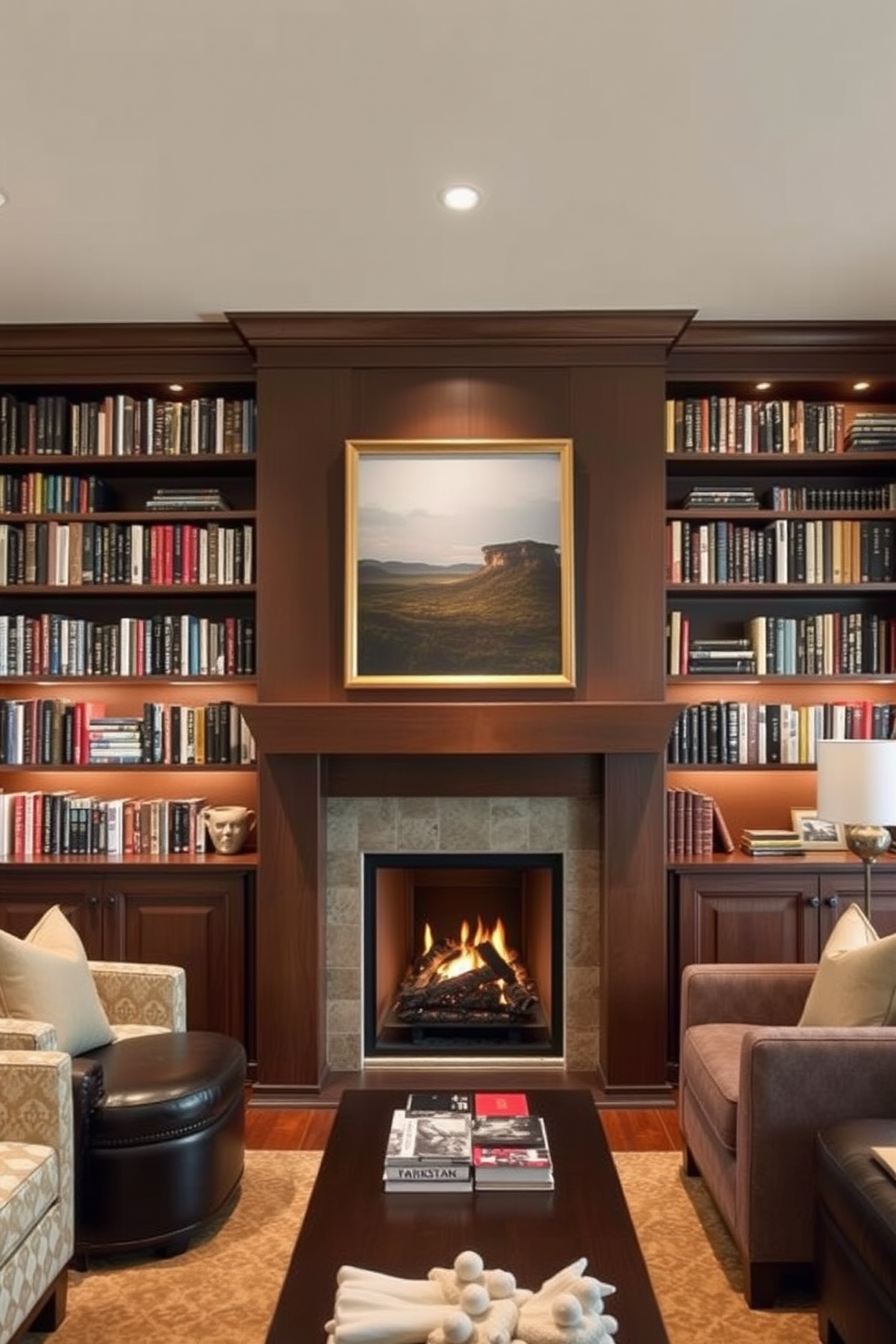 A cozy home library featuring a stunning fireplace as the focal point. Integrated lighting is strategically placed to highlight the bookshelves, creating a warm and inviting atmosphere.