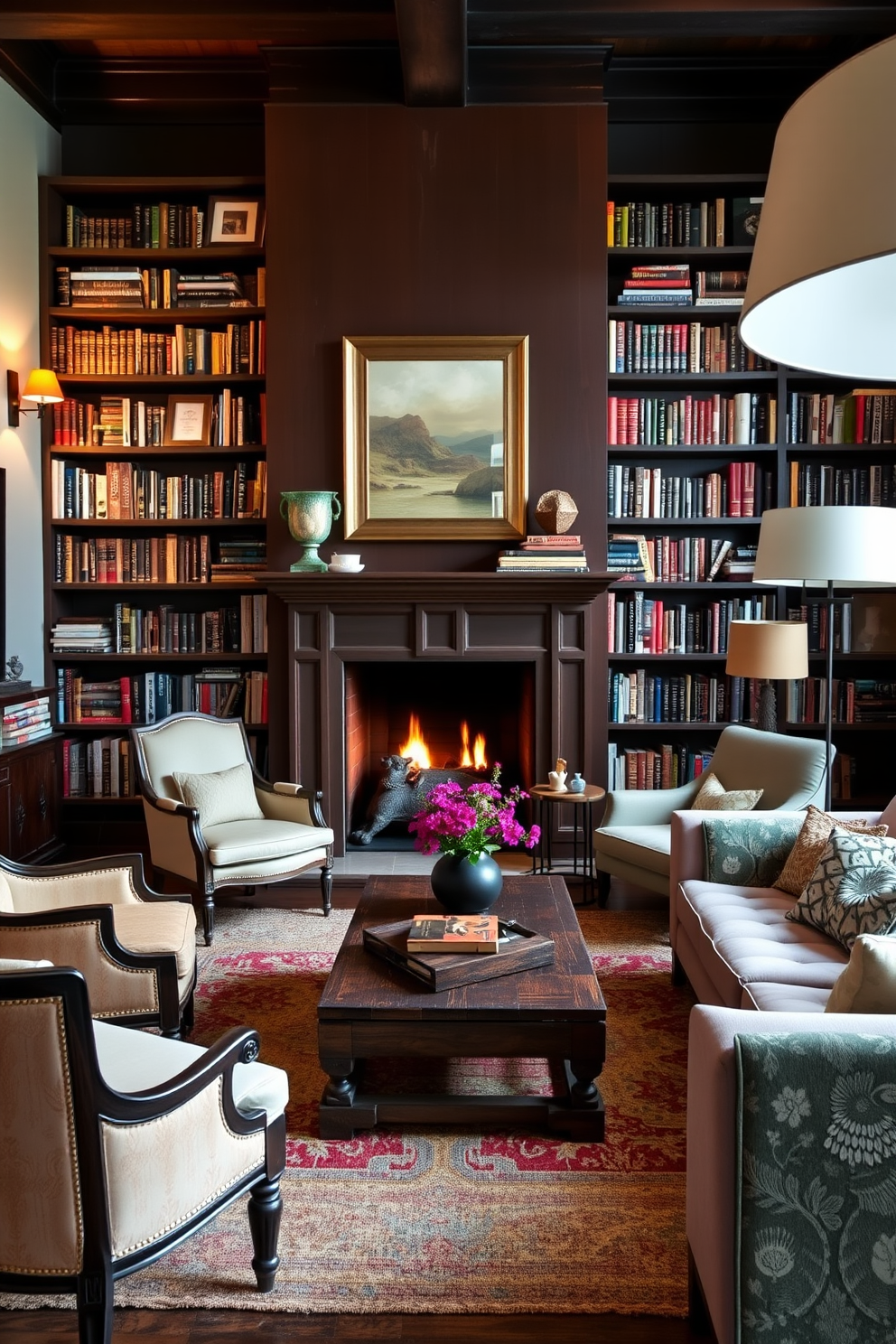 An inviting home library featuring an eclectic mix of furniture styles. A cozy fireplace serves as the focal point, surrounded by a blend of vintage armchairs, a modern sofa, and a rustic wooden coffee table. The walls are lined with bookshelves filled with a diverse collection of books and decorative items. Warm lighting from stylish sconces and a large floor lamp creates a comfortable reading atmosphere.