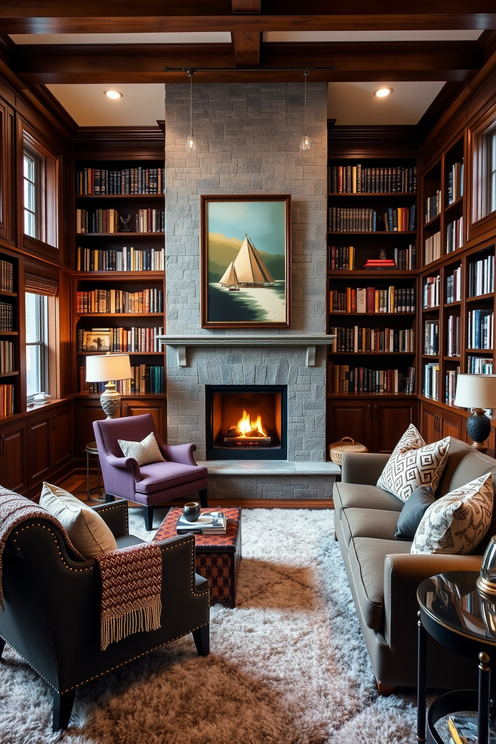 A cozy home library featuring a large, inviting fireplace as the focal point. The walls are lined with rich wooden bookshelves filled with books, and a plush area rug anchors the seating area. The seating includes a comfortable armchair and a stylish sofa adorned with textured throws and colorful pillows for added comfort. Soft lighting from elegant table lamps creates a warm and inviting ambiance throughout the space.