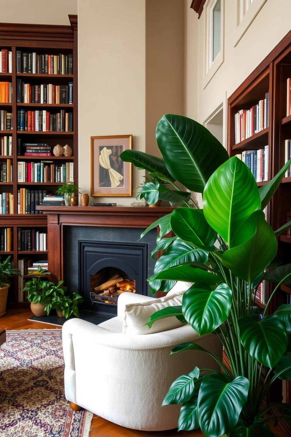 A serene home library featuring a cozy fireplace. The walls are lined with dark wood bookshelves filled with an array of books, while a plush armchair sits invitingly near the fire. Lush indoor plants are strategically placed throughout the space to enhance the fresh atmosphere. A large leafy plant in the corner adds a pop of green, complementing the warm tones of the room.