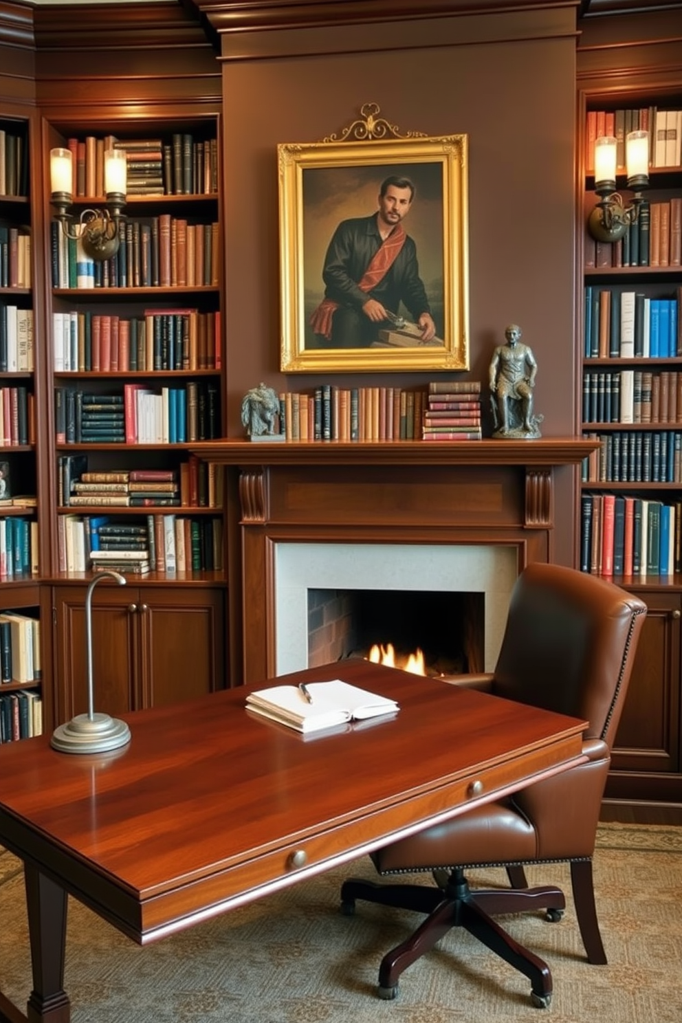 A cozy home library featuring a functional desk space positioned near a warm fireplace. The desk is crafted from rich mahogany with a sleek design, and a comfortable leather chair complements the setting. Surrounding the fireplace, built-in bookshelves are filled with an array of books, showcasing both classic and modern titles. Soft lighting from elegant sconces illuminates the space, creating a welcoming atmosphere for reading and relaxation.