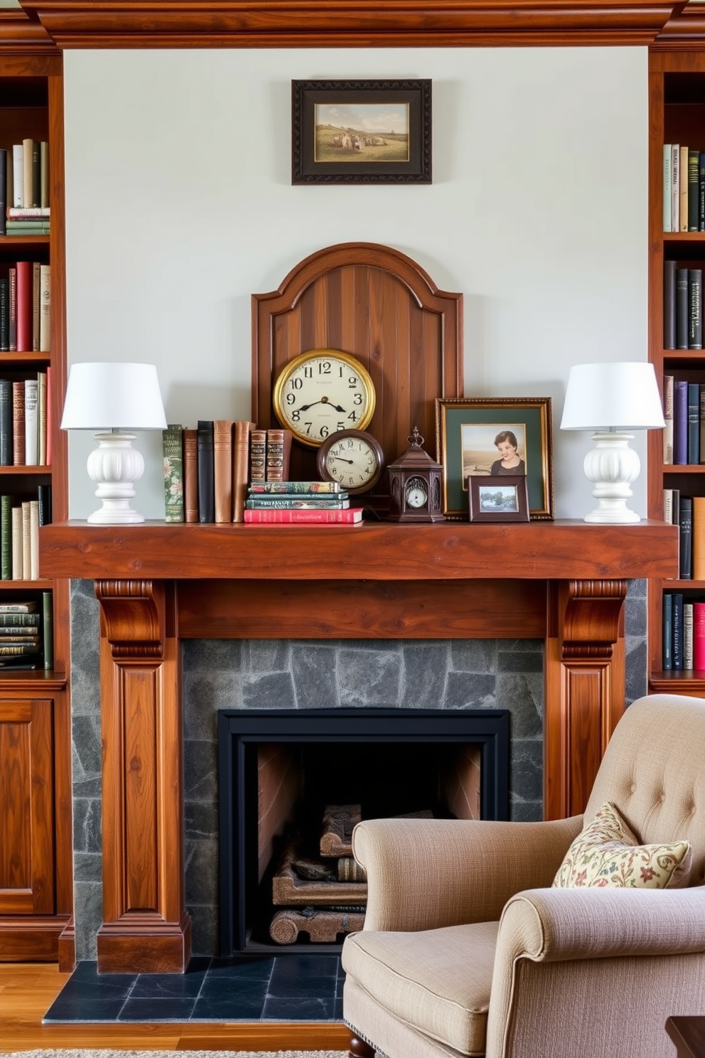 A rustic wooden mantel adorned with vintage decor creates a warm and inviting atmosphere. The mantel features an assortment of antique books, a classic clock, and a collection of framed family photos. The home library is designed with a cozy fireplace as the focal point. Rich wooden bookshelves line the walls, filled with books of various sizes and colors, while a plush armchair invites you to settle in with a good read.