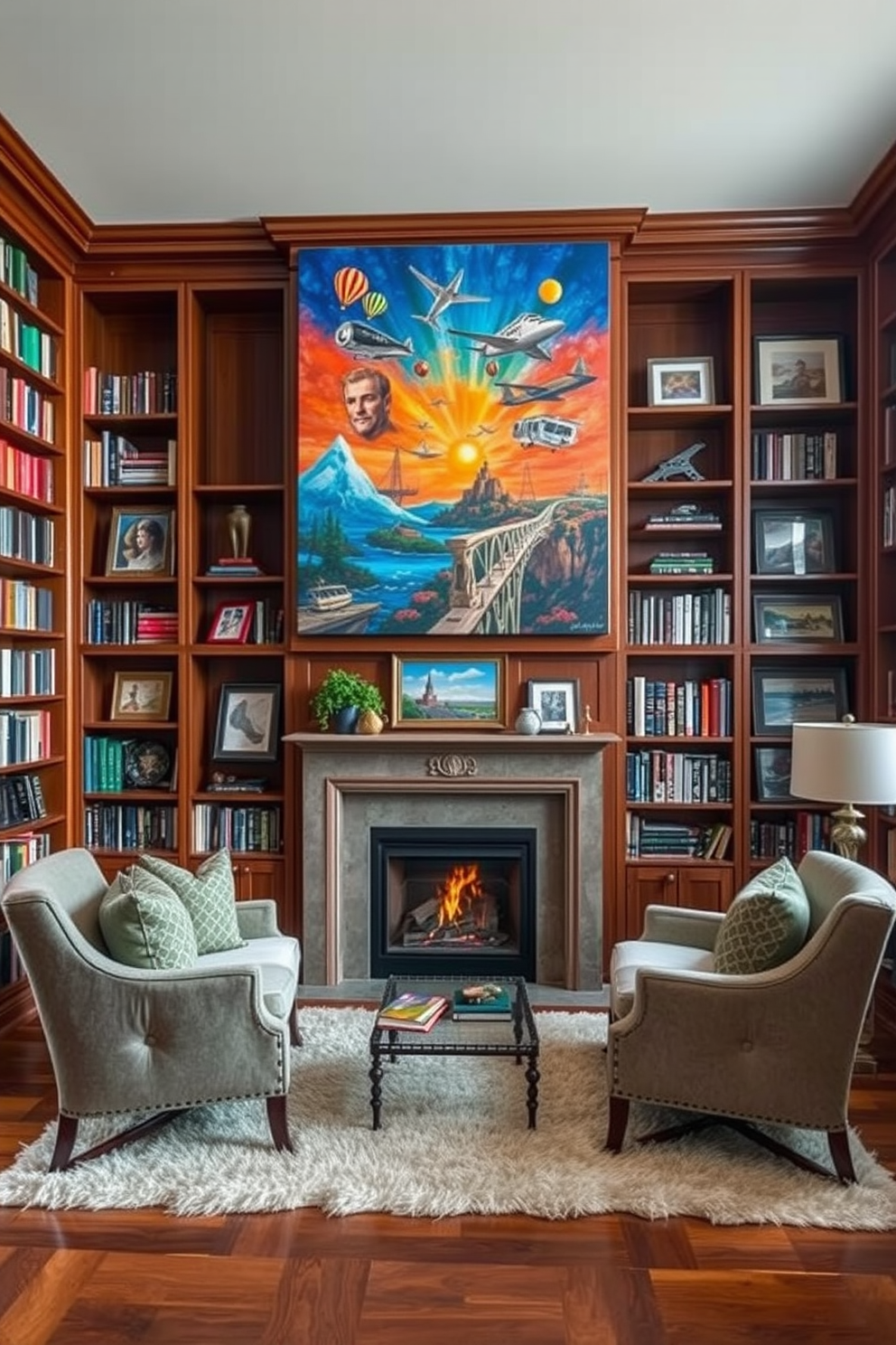 Artwork that reflects personal interests. The space features a large canvas painting that showcases vibrant colors and themes related to travel and adventure, surrounded by smaller framed pieces that highlight the owner's favorite hobbies. Home Library with Fireplace Design Ideas. The library is designed with rich wooden bookshelves that reach the ceiling, filled with an array of books, while a cozy fireplace sits in the center, flanked by comfortable armchairs and a plush rug.