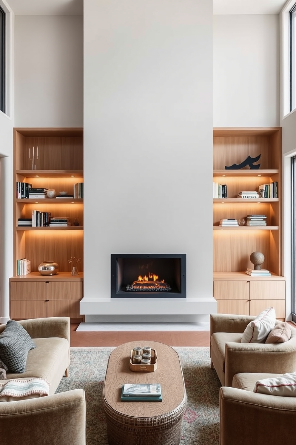 A modern minimalist fireplace is the focal point of the room, featuring clean lines and a sleek design that seamlessly integrates with the surrounding decor. Flanking the fireplace are elegant shelves made of light wood, displaying carefully curated books and decorative items. The home library is designed for comfort and style, with plush seating arranged around the fireplace for an inviting atmosphere. Large windows allow natural light to flood the space, highlighting the rich textures of the wooden shelves and the cozy ambiance created by the flickering flames.