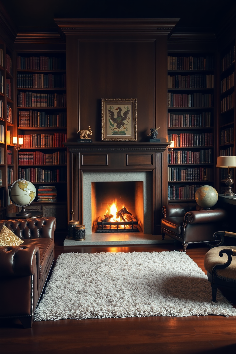 A classic leather sofa is positioned elegantly in front of a roaring fireplace, creating a warm and inviting atmosphere. The walls are lined with rich wooden bookshelves filled with an extensive collection of books, while a plush area rug anchors the seating area. Soft, ambient lighting from stylish sconces casts a cozy glow throughout the space. A few carefully selected decorative items and a vintage globe add character to the room, enhancing the overall charm of this home library.