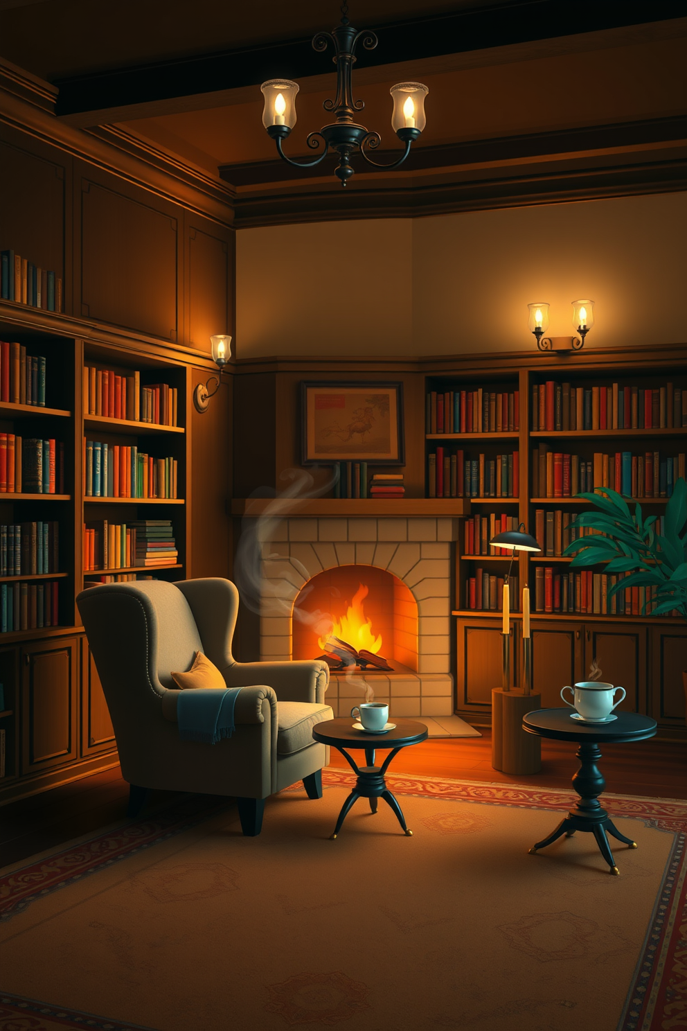 A cozy home library featuring a warm color palette that invites relaxation and comfort. Rich wooden bookshelves line the walls, filled with an array of books, while a plush armchair sits near a crackling fireplace. Soft ambient lighting from elegant sconces casts a gentle glow over the room. A large area rug in earthy tones anchors the space, and a small side table holds a steaming cup of tea.