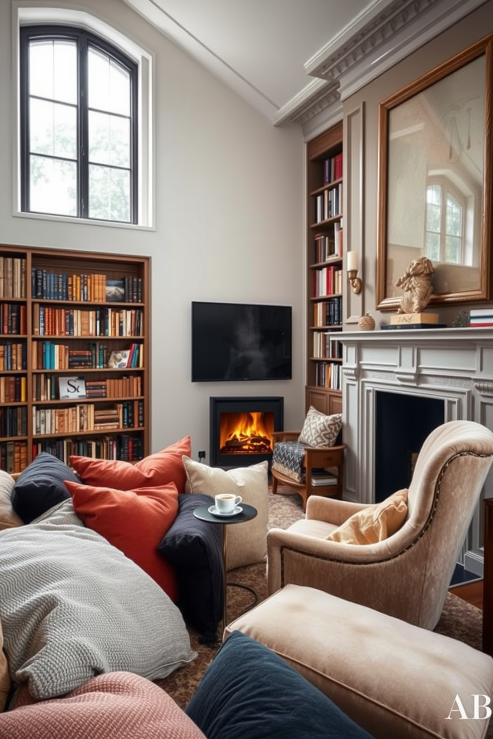 A cozy reading nook filled with oversized cushions in various textures and colors. A large window lets in natural light, and a small side table holds a steaming cup of tea. An elegant home library featuring a classic fireplace as the focal point. Floor-to-ceiling bookshelves are filled with books, and a plush armchair sits invitingly in front of the fire.